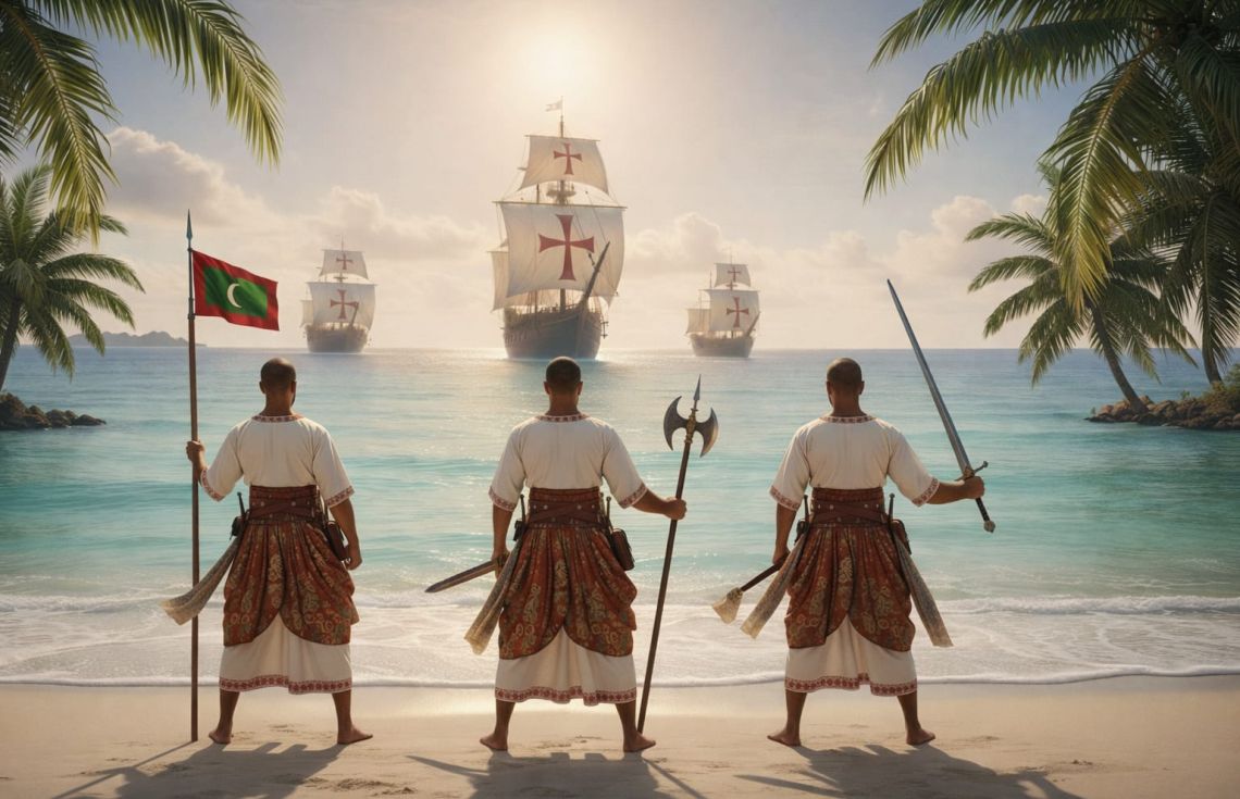 އަލީ ރަސްގެފާނު ޕޯޗުގީޒުންނާ ކުރެއްވި ޖިހާދު ރަމްޒުވާގޮތަށް އޭއައި ބޭނުންކޮށްގެން ހަދާފައިވާ ފޮޓޯއެއް--- ފޮޓޯ: ޖެމެނައި އޭއައި