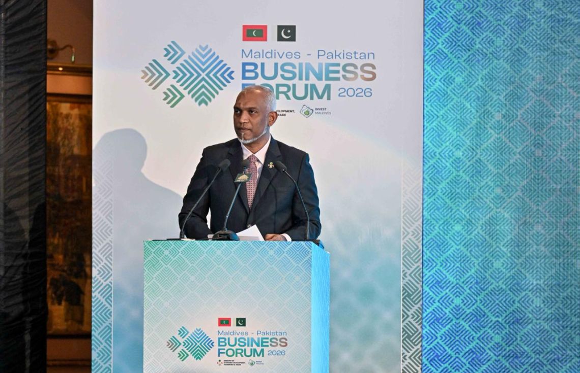 މޯލްޑިވްސް-ޕާކިސްތާން ބިޒްނަސް ފޯރަމްގައި ރައީސް ވާހަކަފުޅުދައްކަވަނީ. / ފޮޓޯ: ރައީސް އޮފީސް