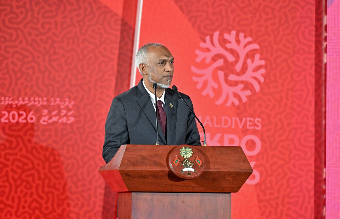 ޗައިނާ-މޯލްޑިވްސް އިންވެސްޓްމަންޓް ކޯޕަރޭޝަން ފޯރަމް ހުޅުވުމުގެ ރަސްމިއްޔާތުގައި ރައީސުލްޖުމްހޫރިއްޔާ ޑރ. މުޙައްމަދު މުޢިއްޒު ވާހަކަފުޅުދައްކަވަނީ | ފޮޓޯ: ރައީސް އޮފީސް