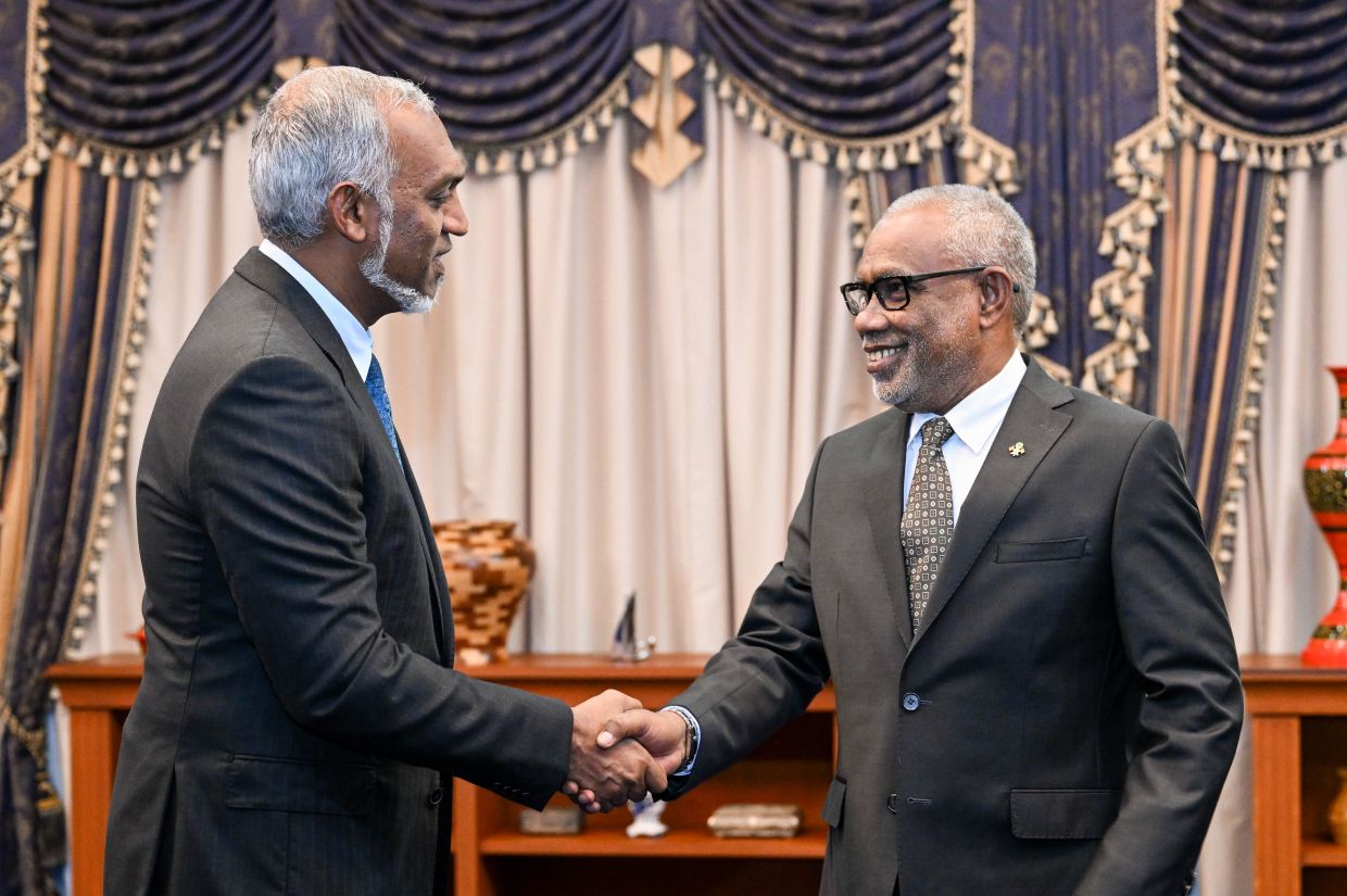 ރައީސް ޑރ. މުޙައްމަދު މުޢިއްޒު، މަޖިލީހުގެ ރައީސް އަބްދުއްރަހީމް އަބްދުﷲއާ ސަލާންކުރައްވަނީ. / ފޮޓޯ: ރައީސް އޮފީސް